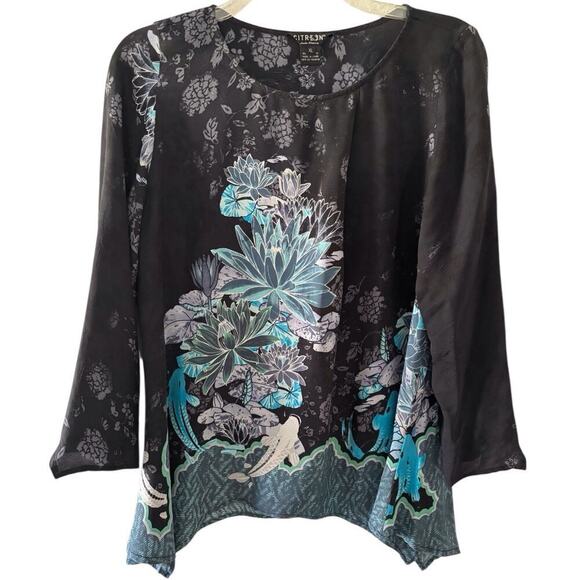 Citron Tops - Citron Women's XL Shirt Top Teal Blue Black Flowers Tunic Boho Earthy Flowers